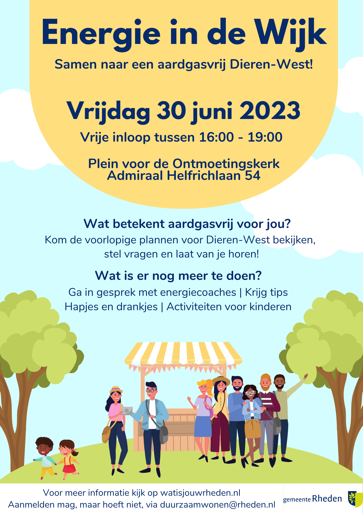 Afbeelding van een flyer met daarop een uitnodiging voor 30 juni 2023 voor Energie in de wijk Dieren-West